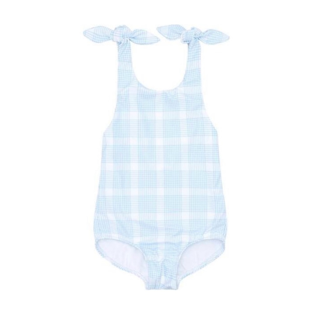 MINNOW Girl's Sunwashed Blue and White Plaid Tie Knot One Piece size 1 12 months